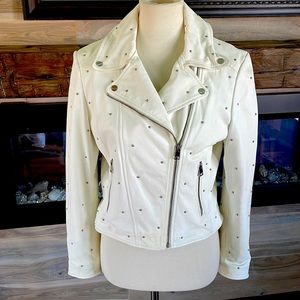 La Marque white biker style leather jacket with studs. Size M.